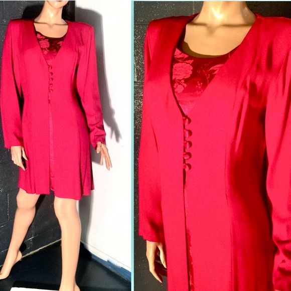 Vtg 80s DAWN JOY Red Mock 2 Pc Lace Up Back Knee Length Tunic Dress~ 7/8 - Picture 1 of 7